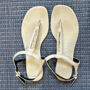 Calvin Klein cream, jeweled T strap sandals